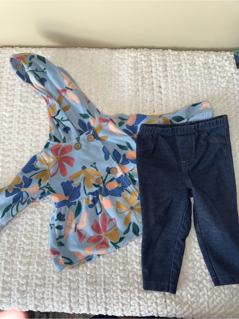 Kids Floral Hooded Jacket and Navy Leggings Set - Blue
